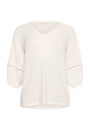 Witte blouse met een V-hals, 3/4 pofmouwen en broderie anglaise details. Zacht materiaal met een lichte textuur. Relaxte pasvorm.
