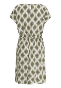 Sukienka z krótkim rękawem w zielono-biały abstrakcyjny wzór diamentowy, z elastyczną talią i zapięciem na guzik z tyłu przy karku.