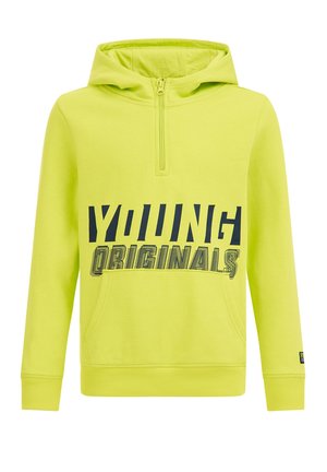 Sweat à capuche jaune à enfiler avec poche devant, col demi-zip et texte noir en gras "YOUNG ORIGINALS" sur le devant.