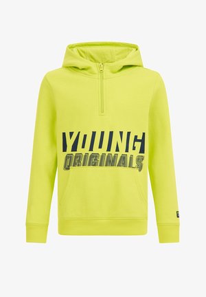 Sweat à capuche jaune à enfiler avec poche devant, col demi-zip et texte noir en gras "YOUNG ORIGINALS" sur le devant.