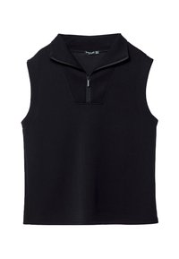 Černý top bez rukávů s vysokým límcem a předním zipem na polovinu, vyrobený z hladkého, elastického materiálu. Má strukturovaný, minimalistický design.