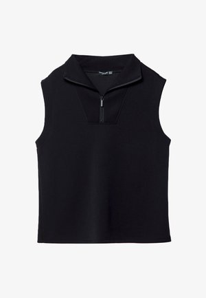 Hauts sans manches noirs avec un col montant et une fermeture éclair demi-zippée, fabriqué dans un matériau lisse et extensible. Caractéristiques d'un design structuré et minimaliste.