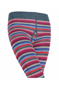 Leggings a righe con una vita grigia. Presentano strisce orizzontali in rosa, rosso, blu, grigio e crema. Il materiale sembra elasticizzato e aderente.