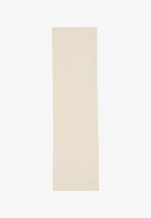 Lichtbeige gebreide sjaal met een geribbelde textuur, voorzien van een kabelbreipatroon en een klein geborduurd letter "G" aan de rand.