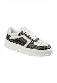 Sneaker con stampa leopardata e dettagli in pelle bianca, suola spessa in gomma bianca, punta rotonda e dettagli perforati sulla zona delle dita.