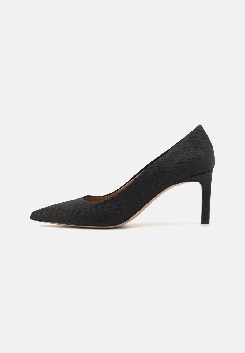 Chaussure à talon haut noire à bout pointu avec motif texturé subtil et talon fin de hauteur moyenne sur fond blanc.