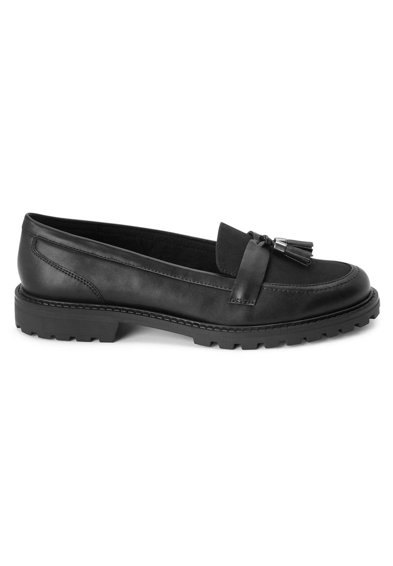 Schwarze Lederloafers mit einer flachen, robusten Sohle. Verfügt über eine dekorative Quaste und eine Nahtdetail entlang der Kante. Glatte Textur insgesamt.