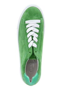 Green suede sneaker with white laces, a contrasting light green heel tab, and a flat white rubber sole. Smooth texture and minimal design.