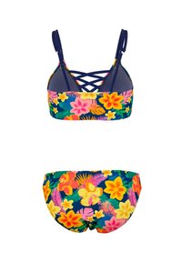 Ensemble de bikini floral avec une base marine et des fleurs tropicales vibrantes en rose, jaune et vert. Le haut présente un design à dos croisé.
