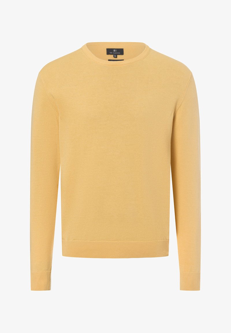 Gelb gestrickter Pullover mit Rundhalsausschnitt, langen Ärmeln sowie gerippten Bündchen und Saum. Glatte Textur, leichtes Material.