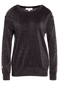 Maglione nero con una texture scintillante, colletto rotondo, maniche lunghe, polsini a coste e bottoni decorativi sugli accenti delle spalle.