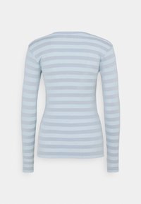 Langarm-T-Shirt in Hellblau mit horizontalen Streifen. Gerippte Textur. Standard-Rundhalsausschnitt. Slim-Fit-Design mit nahtloser Verarbeitung.
