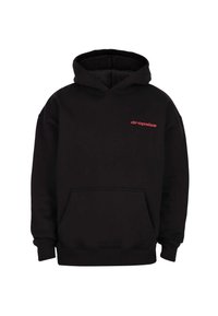 Schwarzer Kapuzenpullover mit Vordertasche und kleinem roten "dropsize"-Text auf der linken Brust, vor weißem Hintergrund präsentiert.