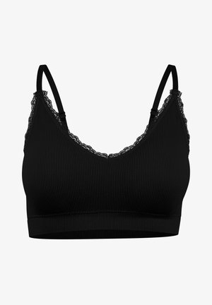 Bralette nera a coste con spalline regolabili e rifinitura in pizzo lungo il collo. Texture morbida e design senza cuciture per il massimo comfort.