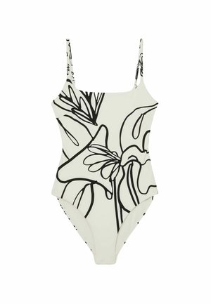 Maillot de bain une pièce blanc avec fines bretelles, présentant un grand motif floral abstrait en lignes noires.