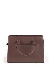 Borsa a mano in pelle marrone con un design strutturato, dotata di due manici, una tasca anteriore con zip e dettagli in metallo dorato.
