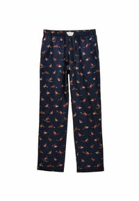 Tumši zili pidžamu bikses ar atkārtotu putnu rakstu. Izgatavotas no mīkstas auduma ar elastīgu jostu un auklu, lai pielāgotu izmēru.