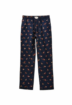 Navy blue pajama pants featuring a repeating pattern of birds. Made from soft fabric with an elastic waistband and drawstring for adjustable fit.