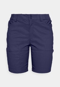 Marinblå shorts tillverkade av lättviktsmaterial, med slät framsida, två sidofickor och knäppning med bälteshällor.