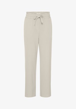 Helle beige Stretchhose mit lockerem Schnitt, ausgestattet mit einem elastischen Taillenbund und einer gebundenen Detail sowie seitlichen Taschen. Glatte Textur.