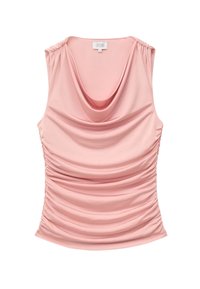 Haut sans manches rose clair avec encolure drapée et côtés froncés, confectionné en tissu doux et lisse.