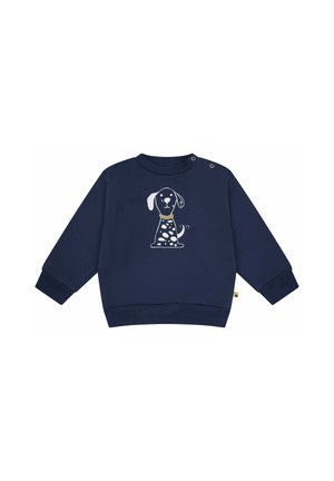 Marineblaue langärmelige Sweatshirt für Kleinkinder mit einem weißen und gelb gefleckten Hundemotiv vorne und Druckknöpfen an der Schulter.