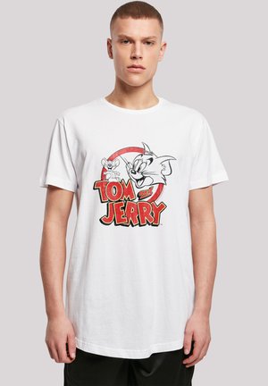 White cotton t-shirt featuring a front graphic of Tom and Jerry in black and red. Classic crew neck and short sleeves, relaxed fit.