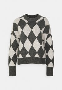 Maglione lavorato a maglia con motivo argyle grigio scuro e crema, con collo rotondo e polsini e orlo a coste. Morbido al tatto.