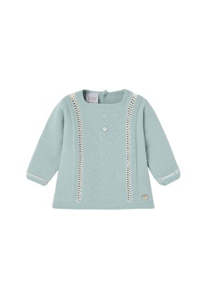 Haut tricoté pour tout-petits de couleur bleu clair avec des manches longues, présentant un motif texturé, deux boutons et des détails en dentelle le long des côtés.
