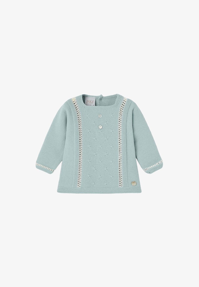 Haut tricoté pour tout-petits de couleur bleu clair avec des manches longues, présentant un motif texturé, deux boutons et des détails en dentelle le long des côtés.