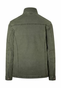 Olivgrüne Jacke mit Kragen, Vorder- und Rücknähten, langen Ärmeln und geknöpften Manschetten. Verfügt über zwei Seitentaschen und eine glatte Stoffstruktur.