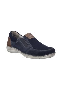 Navy slip-on boty s síťovinou a semišem, s hnědými koženými akcenty a elastickými bočními panely, doplněné šedou gumovou podrážkou.