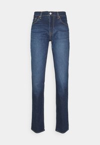 Dark blue denim jeans with a straight leg design, front pockets, a button closure, and subtle fading on the thighs.