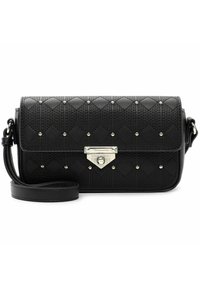 Borsa crossbody nera realizzata in materiale sintetico testurizzato, con motivo a diamante trapuntato, accessori in argento e una tracolla regolabile.