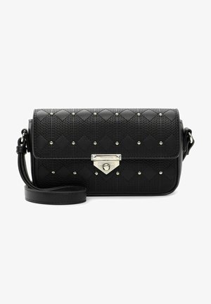 Borsa crossbody nera realizzata in materiale sintetico testurizzato, con motivo a diamante trapuntato, accessori in argento e una tracolla regolabile.