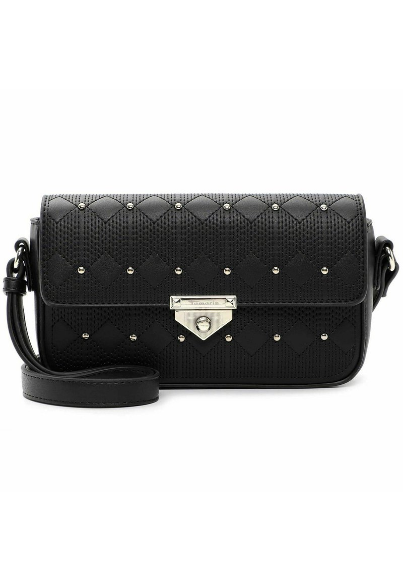 Borsa crossbody nera realizzata in materiale sintetico testurizzato, con motivo a diamante trapuntato, accessori in argento e una tracolla regolabile.
