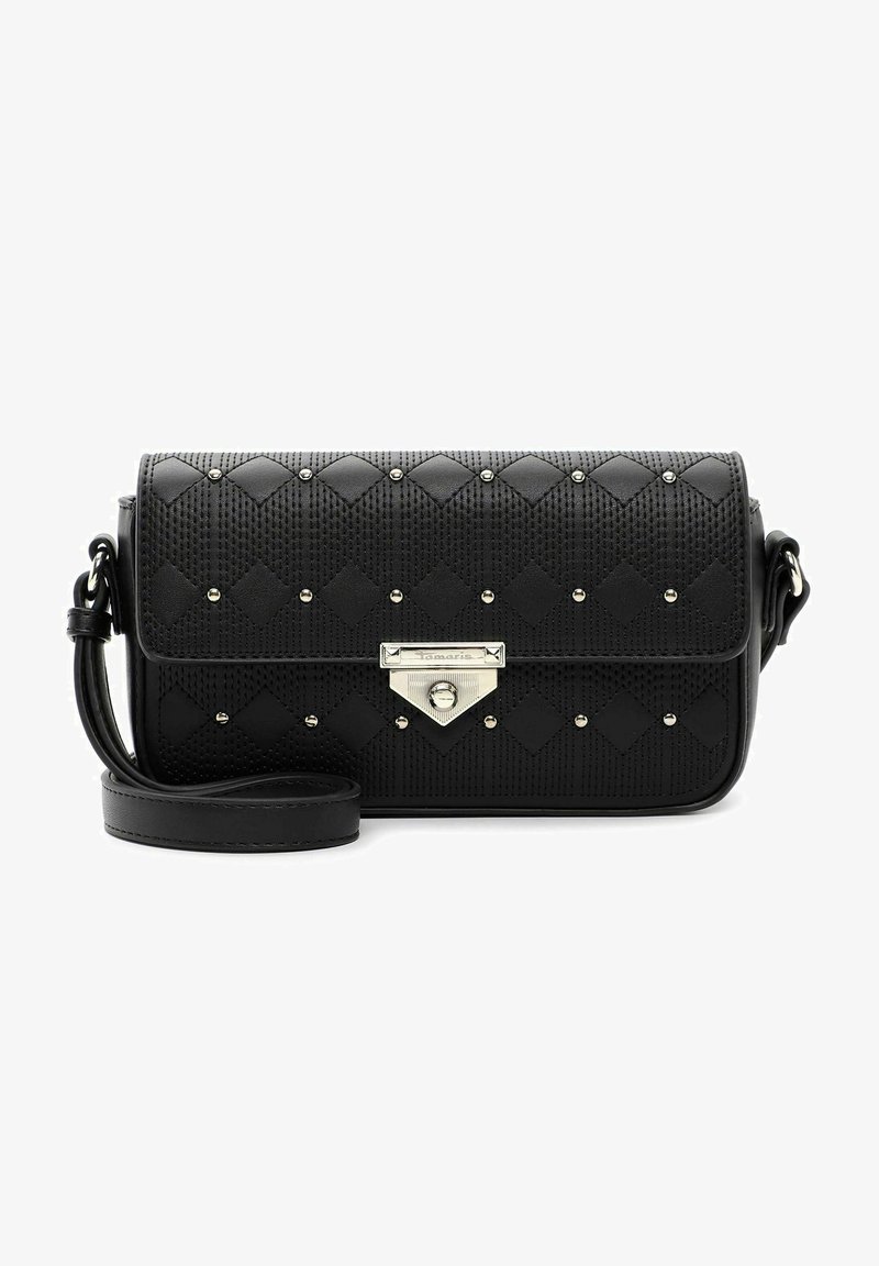 Borsa crossbody nera realizzata in materiale sintetico testurizzato, con motivo a diamante trapuntato, accessori in argento e una tracolla regolabile.