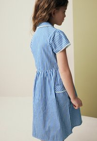 Blau-weiß gestreiftes Kleid mit kurzen Ärmeln, Kragen, Spitzenbesatz an den Ärmeln und einer vorderen Tasche. Tailliert mit gerafftem Rock.