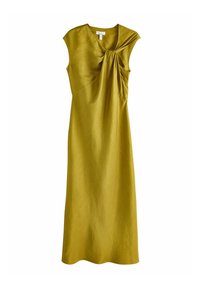 Olivengrünes Kleid aus einem glatten, weichen Stoff. Besitzt ein Design mit kurzen Ärmeln und eine gedrehte Detail am Taillenbereich, das bis zum Knöchel reicht.
