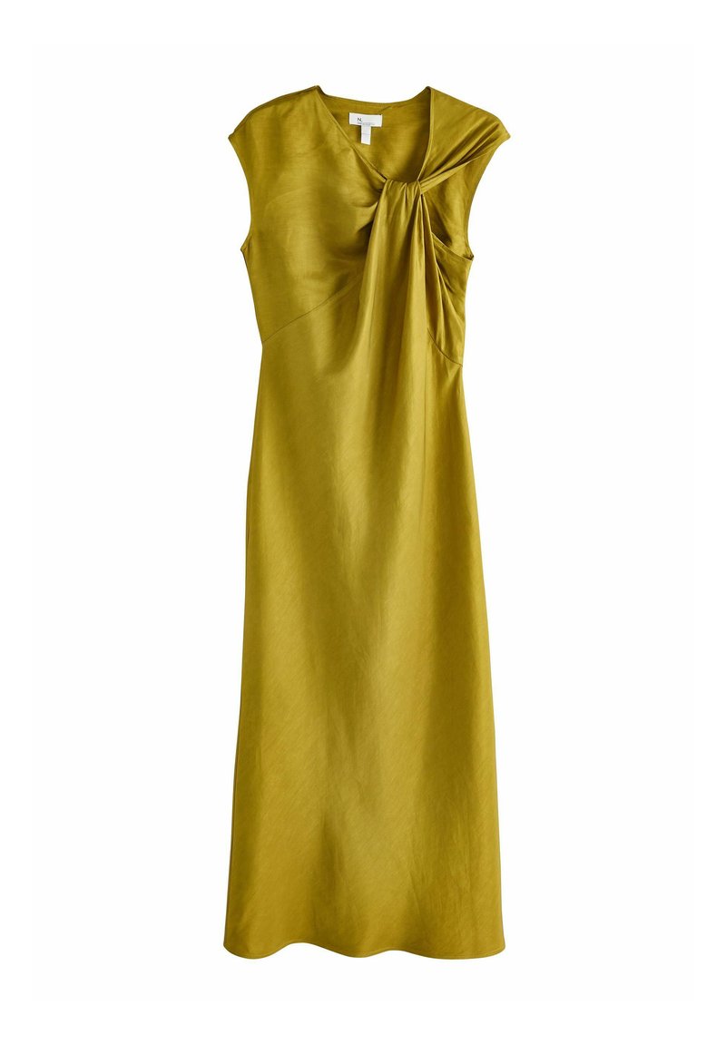 Olivengrünes Kleid aus einem glatten, weichen Stoff. Besitzt ein Design mit kurzen Ärmeln und eine gedrehte Detail am Taillenbereich, das bis zum Knöchel reicht.