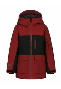Rot schwarze Winterjacke mit Kapuze, Frontreißverschluss, zwei unteren Klappentaschen, einer Reißverschlusstasche auf der Brust und mit Klettverschluss verstellbaren Bündchen.