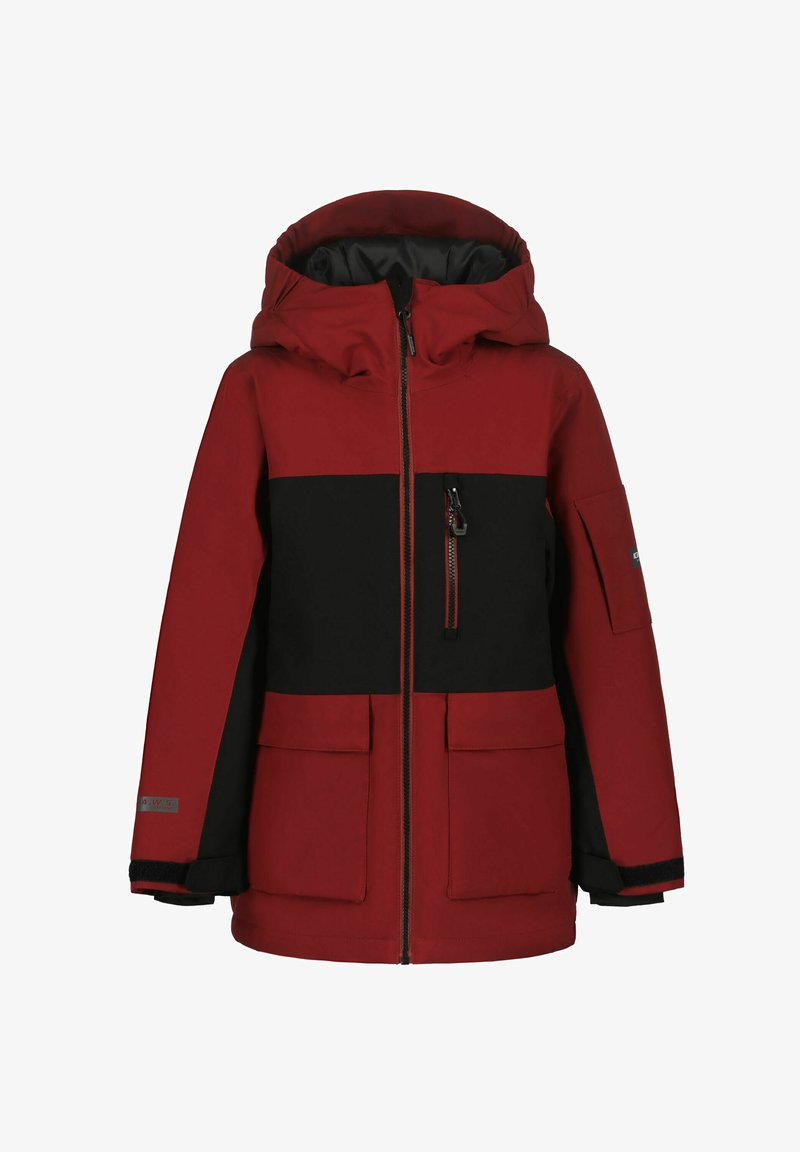 Rot schwarze Winterjacke mit Kapuze, Frontreißverschluss, zwei unteren Klappentaschen, einer Reißverschlusstasche auf der Brust und mit Klettverschluss verstellbaren Bündchen.