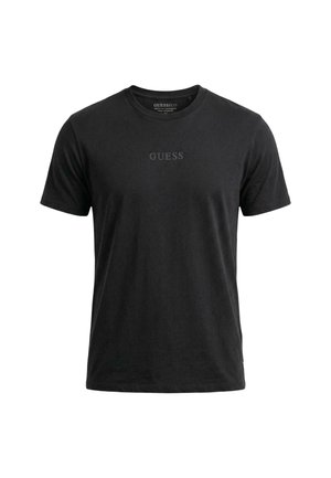 Zwart T-shirt met korte mouwen en een ronde hals, met "GUESS" in grijs gedrukt in het midden van de borst.