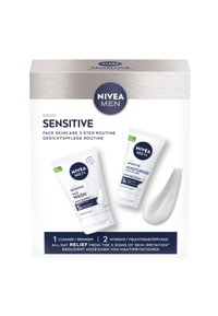 NIVEA Men Sensitive skincare kit in a box features two tubes: face wash and moisturizer, both white with dark blue accents and green labels.