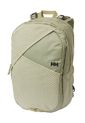 Lichtgroene rugzak met getextureerde voorvak, verstelbare riemen, bovenste handvat en zwart "HH" logo op het voorpaneel.