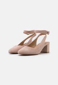 Pink suede block-heel shoes with a pointed toe, slingback strap, and ankle buckle, featuring a smooth texture and minimal detailing.