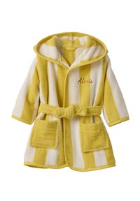 Yellow and white striped bathrobe with a hood, featuring two front pockets, a belt, and embroidered text “Alexis” on the left side.