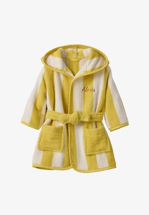 Yellow and white striped bathrobe with a hood, featuring two front pockets, a belt, and embroidered text “Alexis” on the left side.