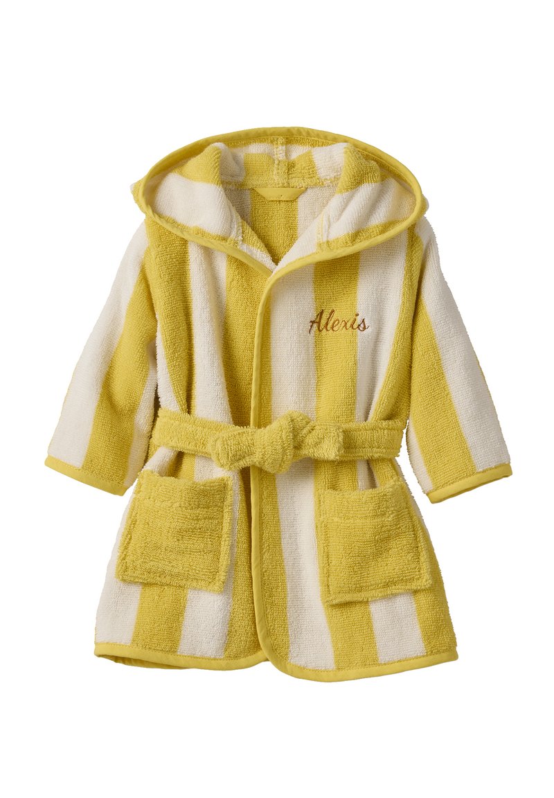 Yellow and white striped bathrobe with a hood, featuring two front pockets, a belt, and embroidered text “Alexis” on the left side.