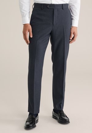 Navy checkered tailored trousers with a smooth texture, flat front, and button closure, paired with black loafers.